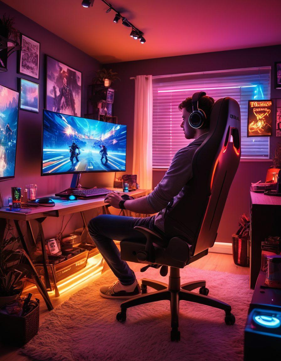 A dynamic scene featuring a modern adult gamer in a cozy gaming setup, surrounded by colorful LED lights, gaming consoles, and accessories. The gamer, a mid-30s individual of diverse background, is intensely focused on a large screen displaying an action-packed game. Elements like energy drinks, snacks, and a gaming chair add to the immersive atmosphere. The room should have a modern gaming aesthetic with posters of popular games on the walls. vibrant colors. super-realistic.