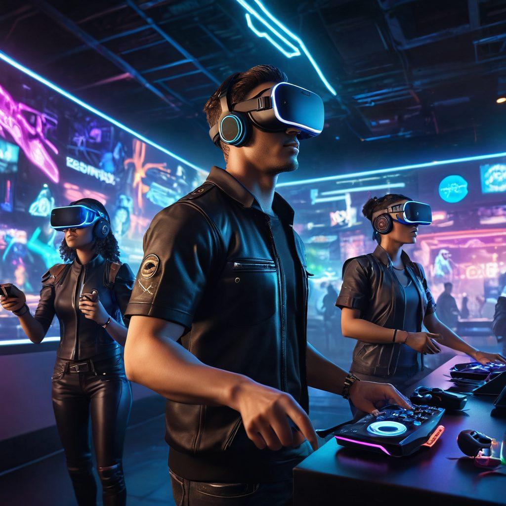 A dynamic 3D virtual reality scene depicting diverse adult gamers immersed in a vivid digital landscape, showcasing various gaming avatars interacting with immersive technology. Incorporate elements like neon lights, intricate virtual environments, and expressive facial expressions to capture the excitement of the gaming community. Highlight a sense of connection and engagement among players. super-realistic. vibrant colors. cyberpunk.
