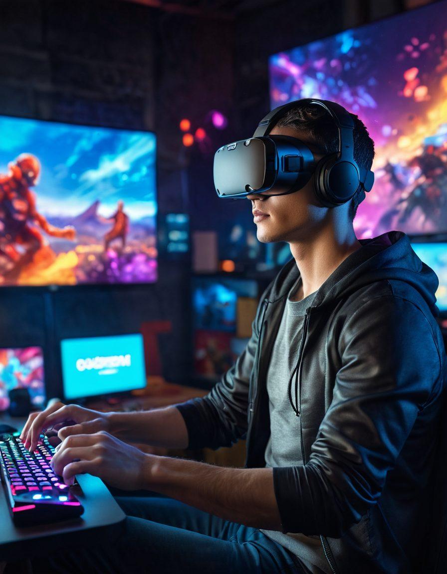 A dynamic scene showcasing a gamer immersed in a 3D virtual reality environment, surrounded by vibrant digital landscapes filled with adult gaming elements such as futuristic characters and immersive gameplay. Include a sleek VR headset and controllers, with colorful graphical overlays representing tips and insights floating in the air. The atmosphere should evoke excitement and innovation, capturing the essence of modern gaming. super-realistic. vibrant colors. cinematic lighting.